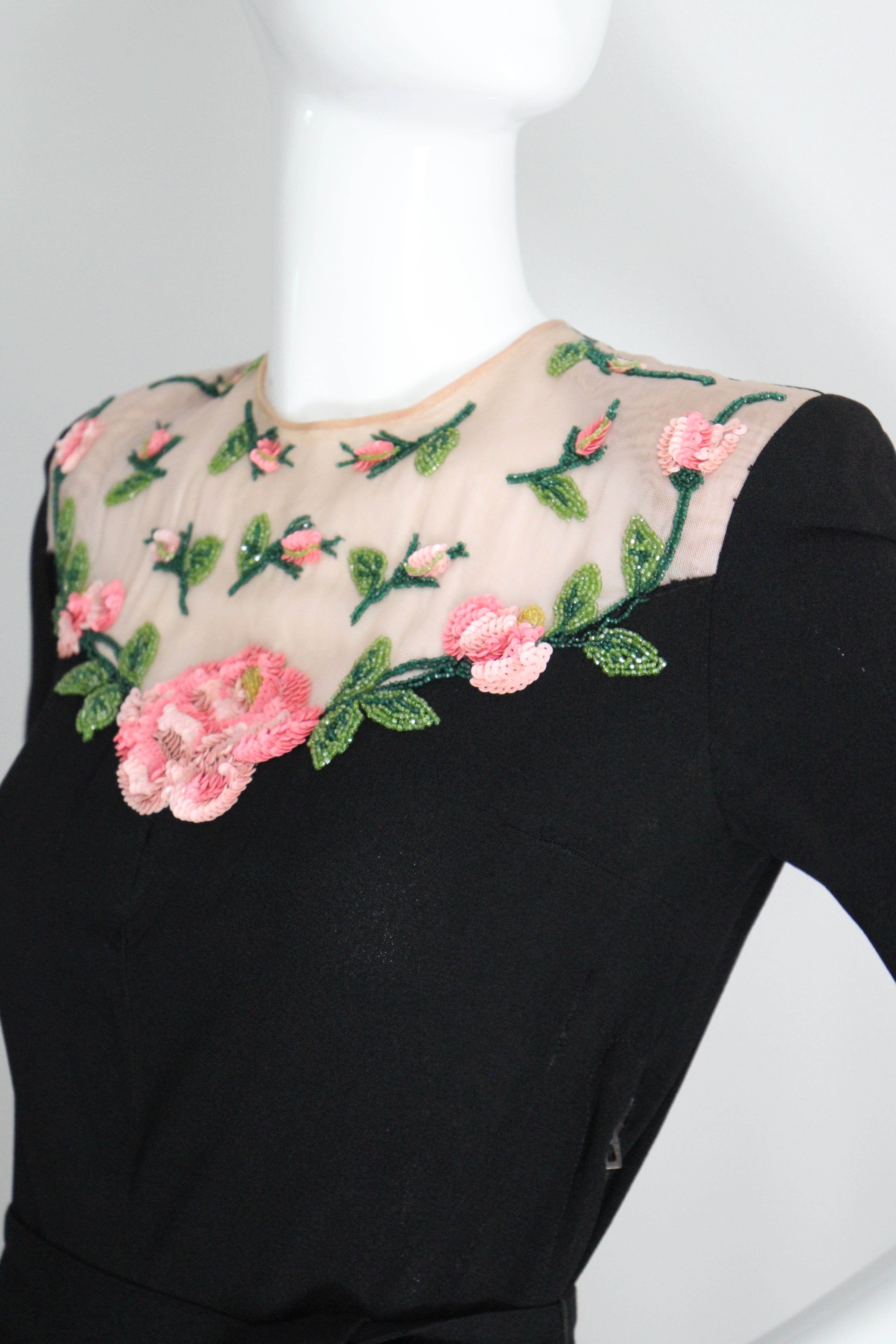 Vintage 1940's Seidenkleid Illusionsausschnitt Rose Paillettenkleid UK 8-10 US 4-6 im Angebot 6