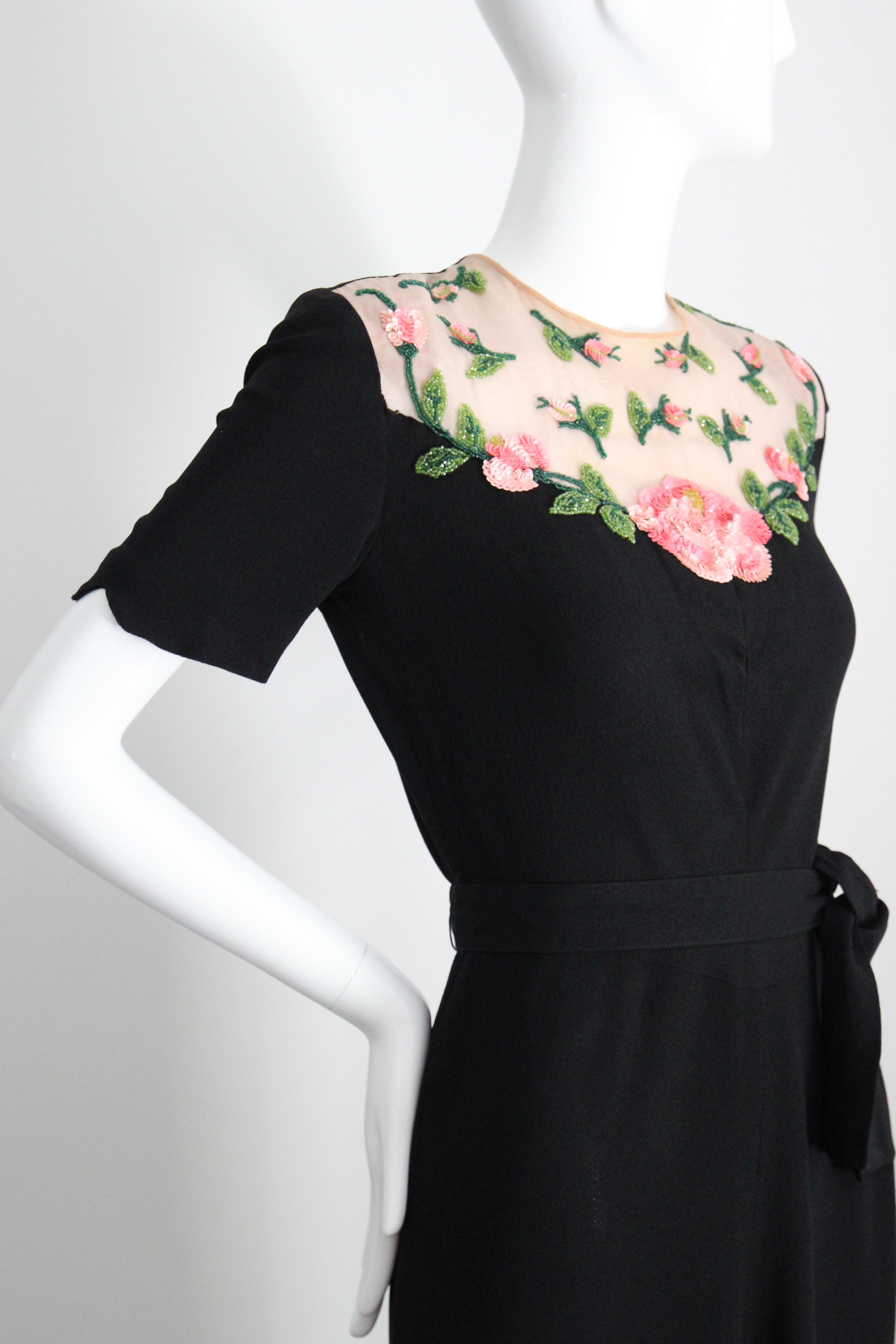 Vintage 1940's Seidenkleid Illusionsausschnitt Rose Paillettenkleid UK 8-10 US 4-6 im Angebot 2