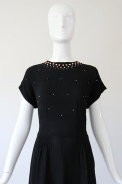 Vintage 1940's Silk Dress Rose Gold Studded Crepe Silk Dress Black UK 12 US 8