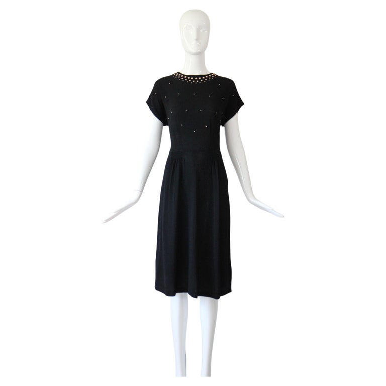 Vintage 1940's Silk Dress Rose Gold Studded Crepe Silk Dress Black UK 12 US  8 For Sale at 1stDibs