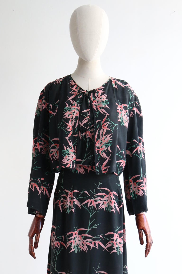 1940s Silk Periwinkle Blue Dress with Floral Print
