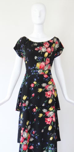 Vintage 1940's Silk Tiered Wildflower Print Gown UK 12 US 8