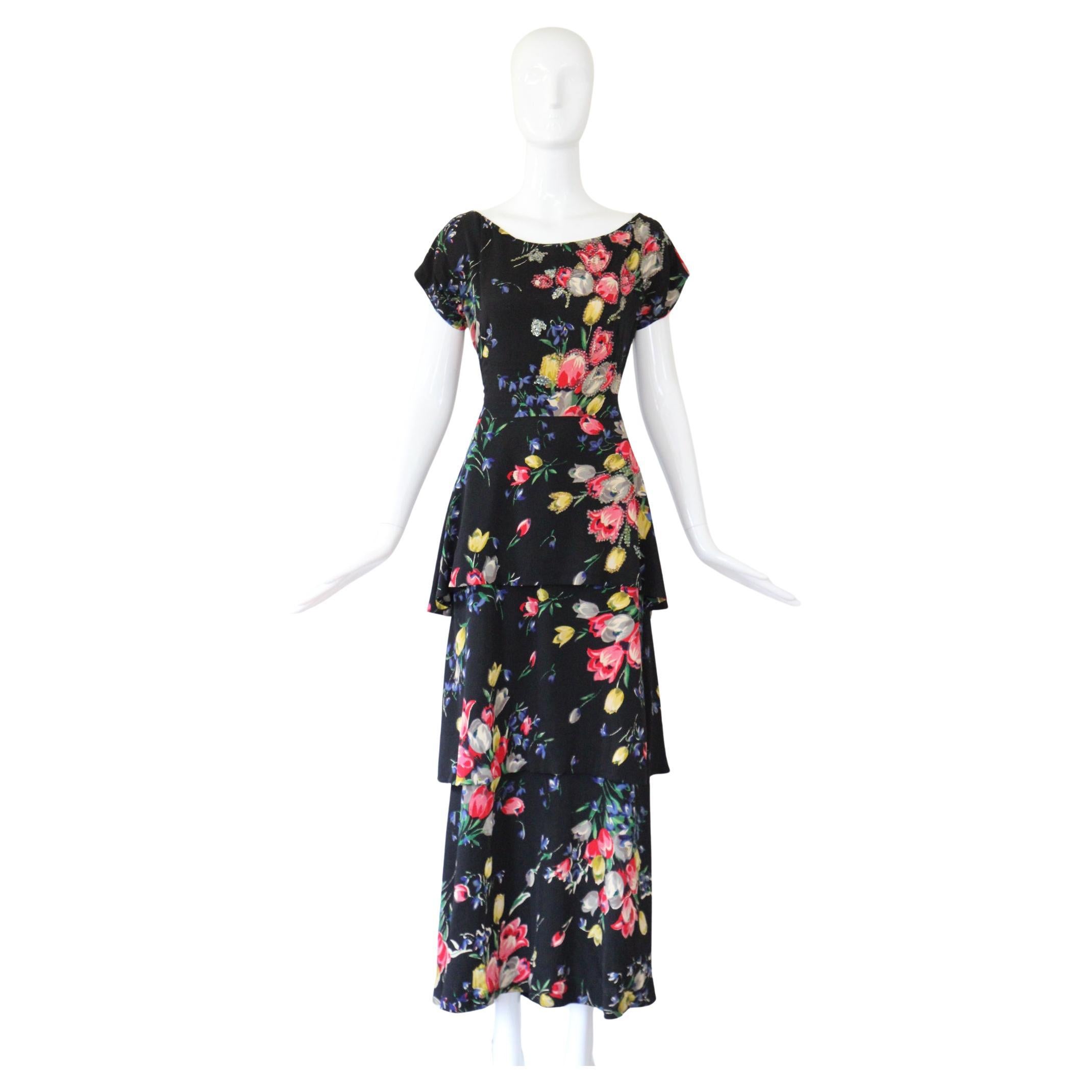 Vintage 1940's Silk Tiered Wildflower Print Gown UK 12 US 8