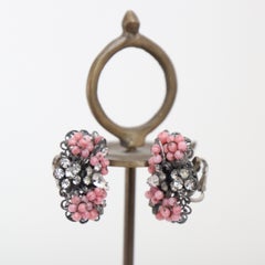Vintage 1940's Silver and Pink floral rhinestone clip on earrings filigree