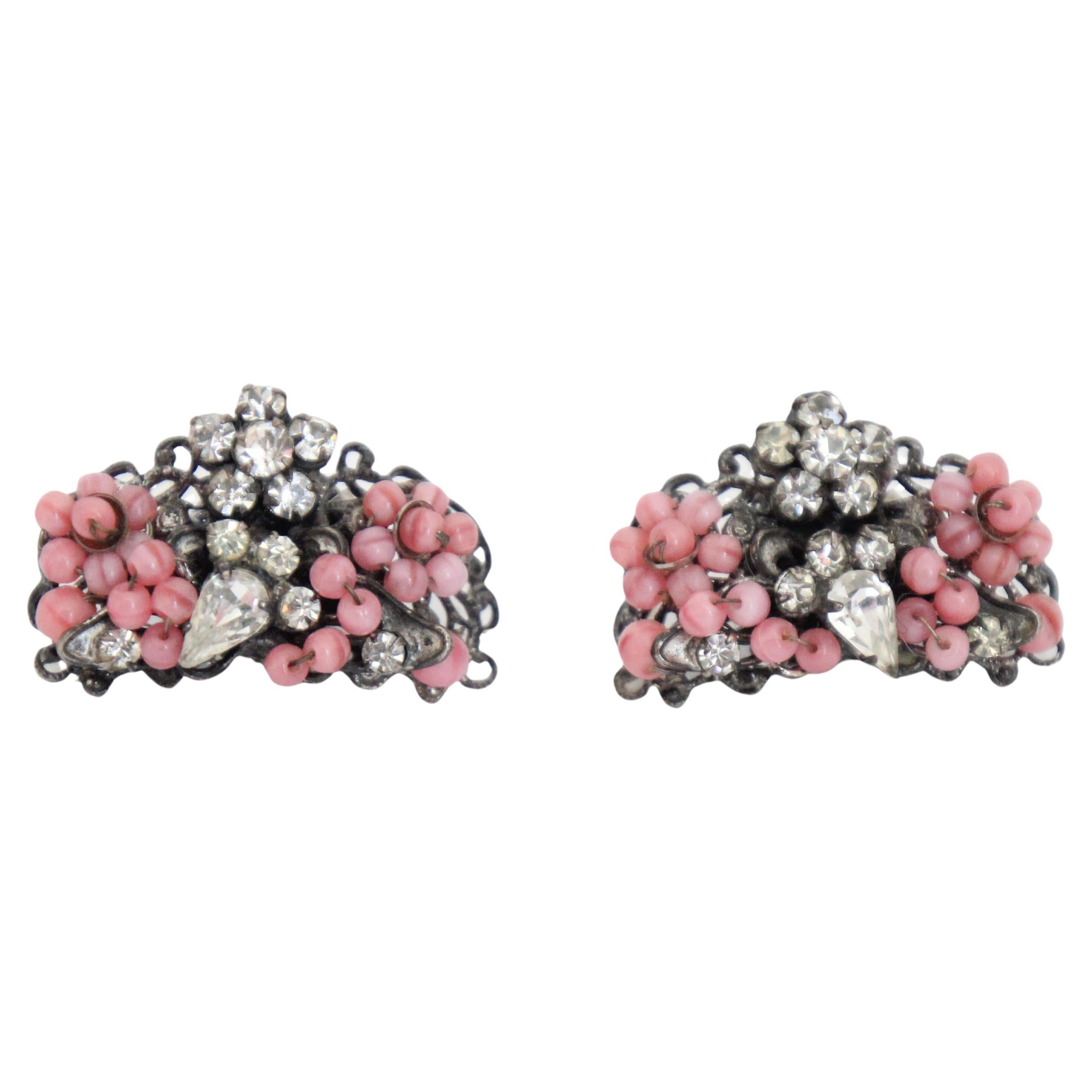 Orecchini a clip con strass floreali in argento e rosa, filigrana, vintage, anni '40