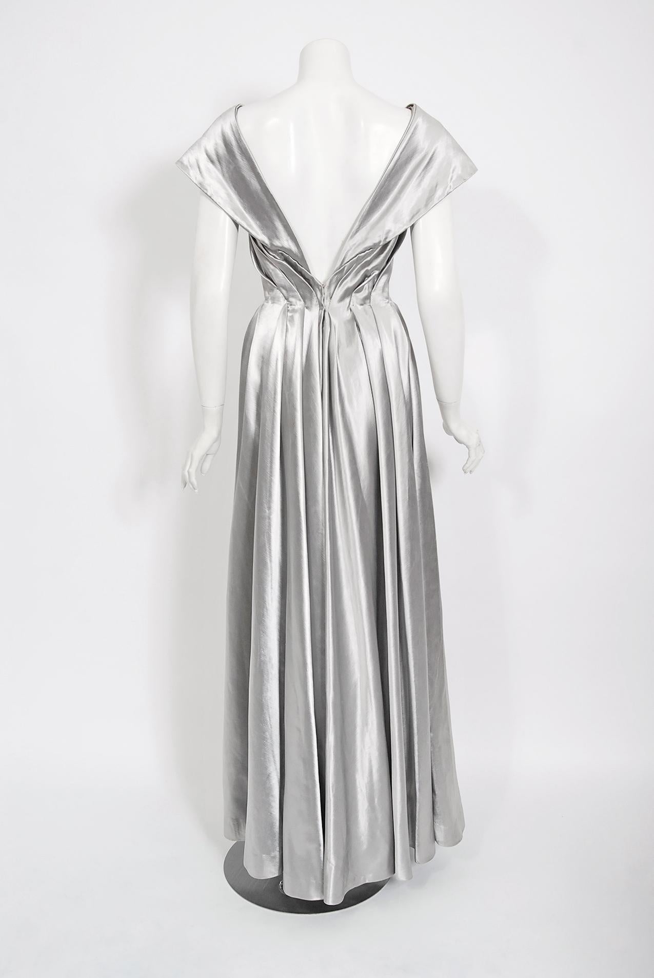 Vintage 1940's Silver Silk Satin Shawl-Collar Low Backside Sculpted Formal Gown In Good Condition In Beverly Hills, CA