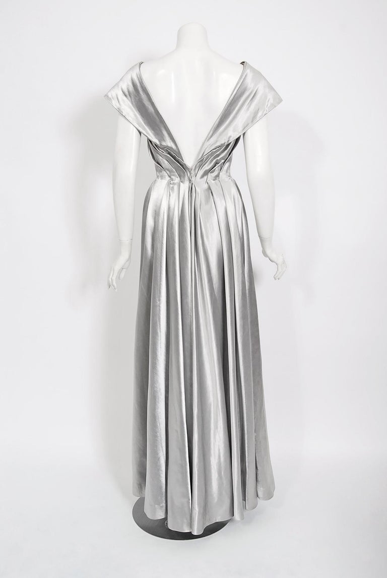 Vintage 1940's Silver Silk Satin Shawl-Collar Low Backside Sculpted Formal Gown For Sale 2