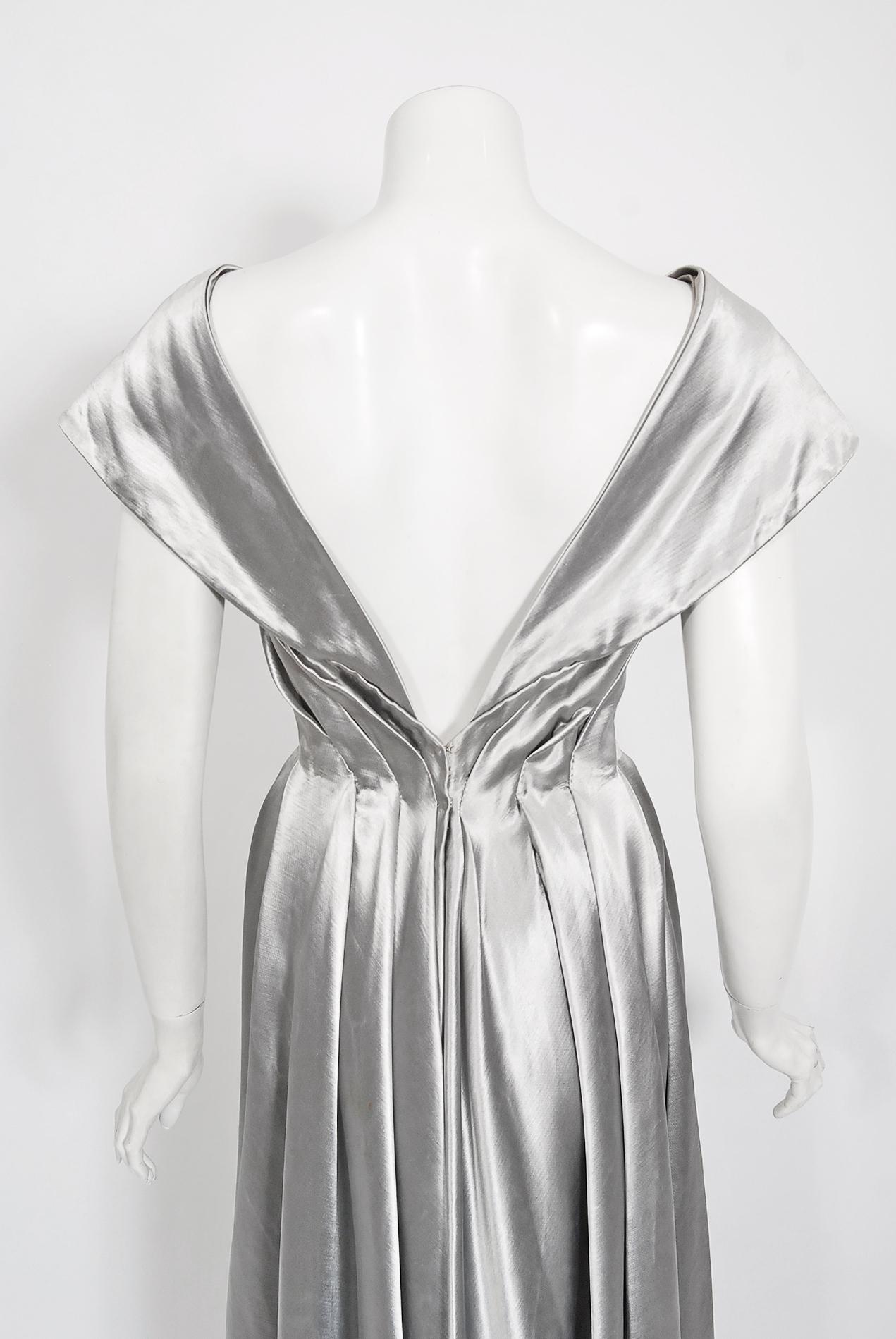 Women's Vintage 1940's Silver Silk Satin Shawl-Collar Low Backside Sculpted Formal Gown