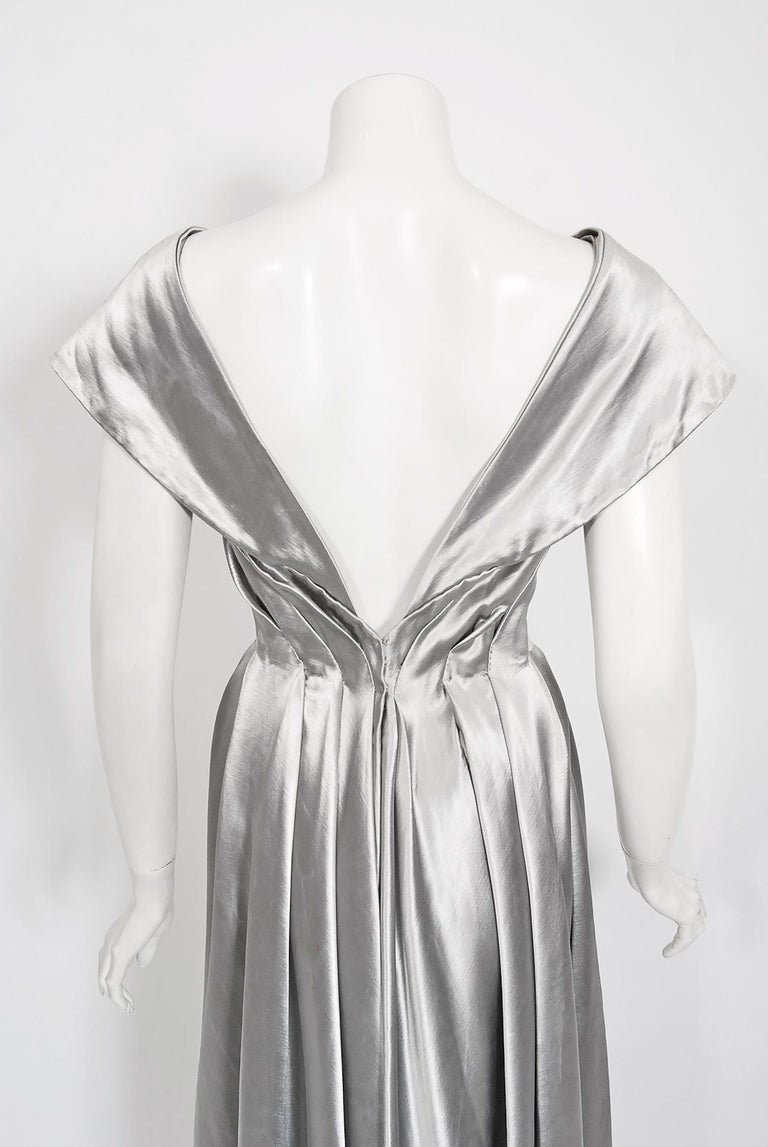Vintage 1940's Silver Silk Satin Shawl-Collar Low Backside Sculpted Formal Gown For Sale 3