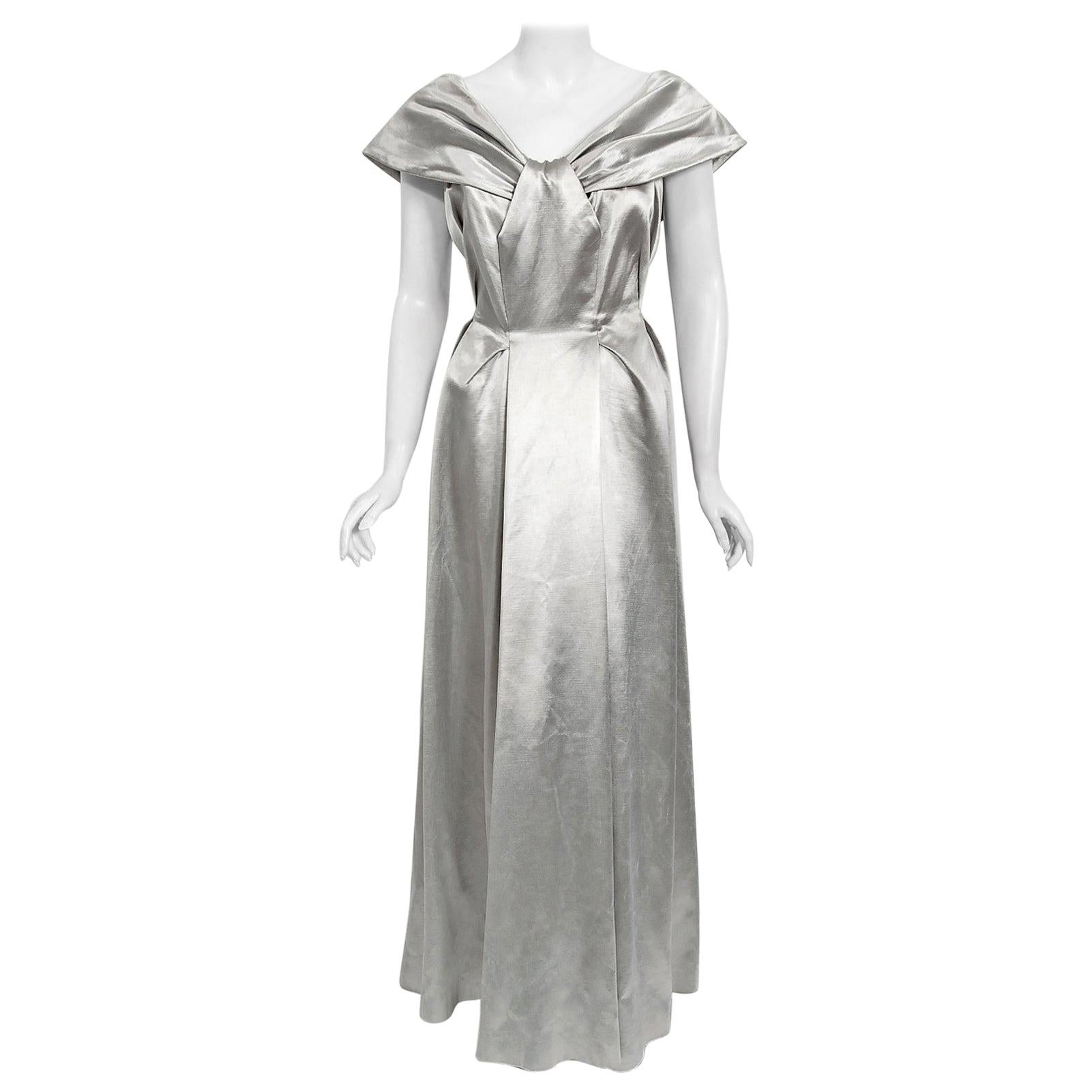 Vintage 1940's Silver Silk Satin Shawl-Collar Low Backside Sculpted Formal Gown