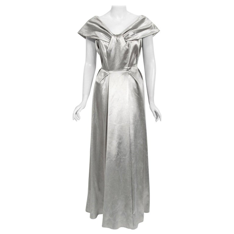 Vintage 1940's Silver Silk Satin Shawl-Collar Low Backside Sculpted Formal Gown For Sale