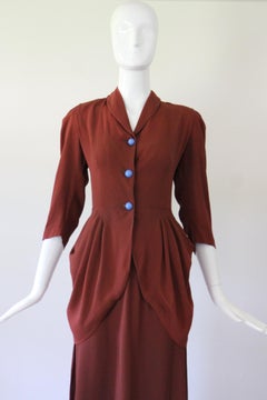 Vintage 1940's Skirt Suit Brown Peplum Draped Pleated Suit US 6 UK 10
