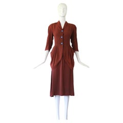 Vintage 1940's Skirt Suit Brown Peplum Draped Pleated Suit US 6 UK 10