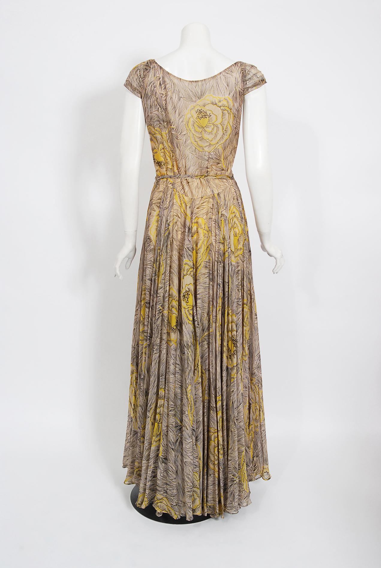 Vintage 1940's Sophie Gimbel Yellow-Roses Floral Silk Cap-Sleeve Full Skirt Gown 3