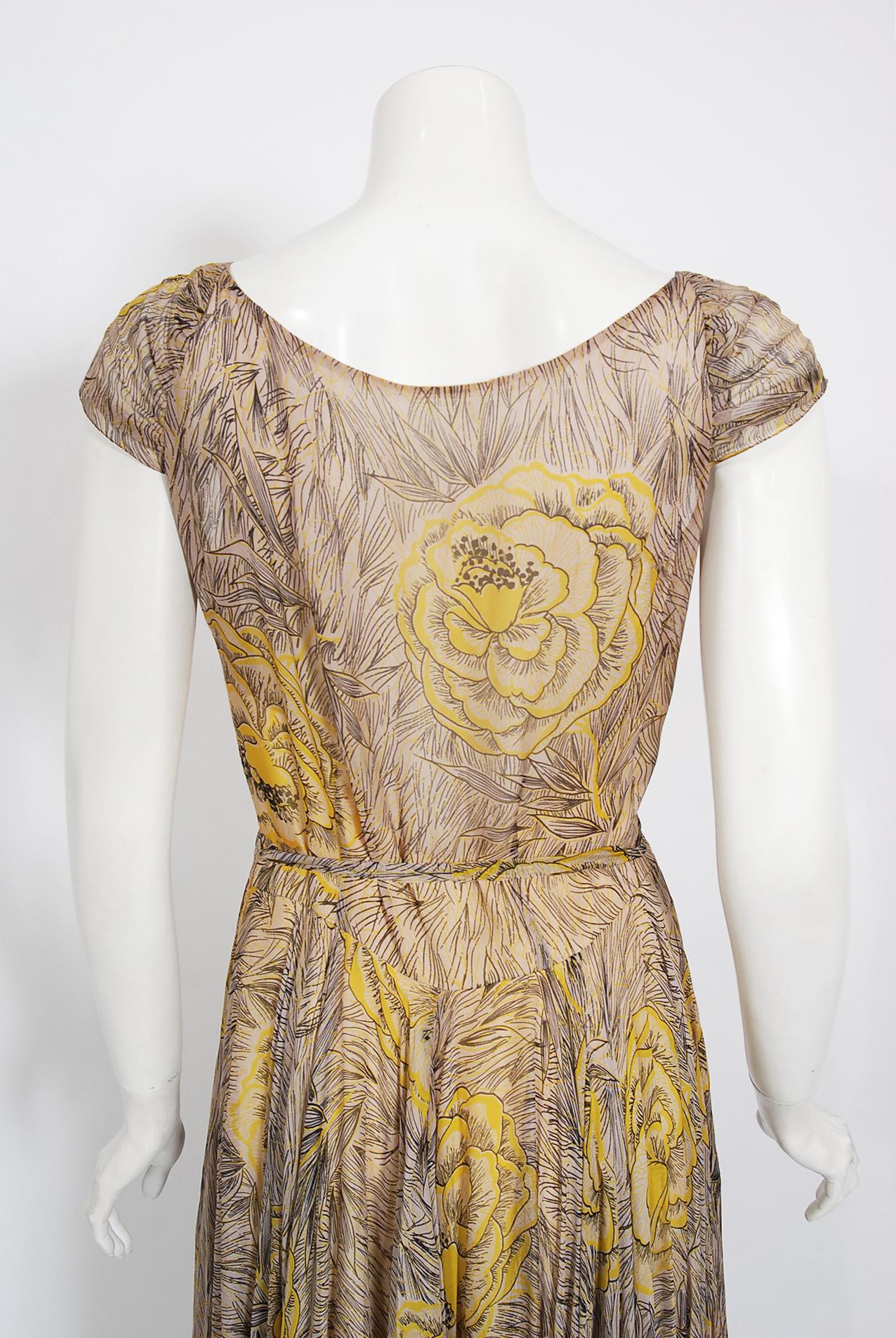Vintage 1940's Sophie Gimbel Yellow-Roses Floral Silk Cap-Sleeve Full Skirt Gown 4