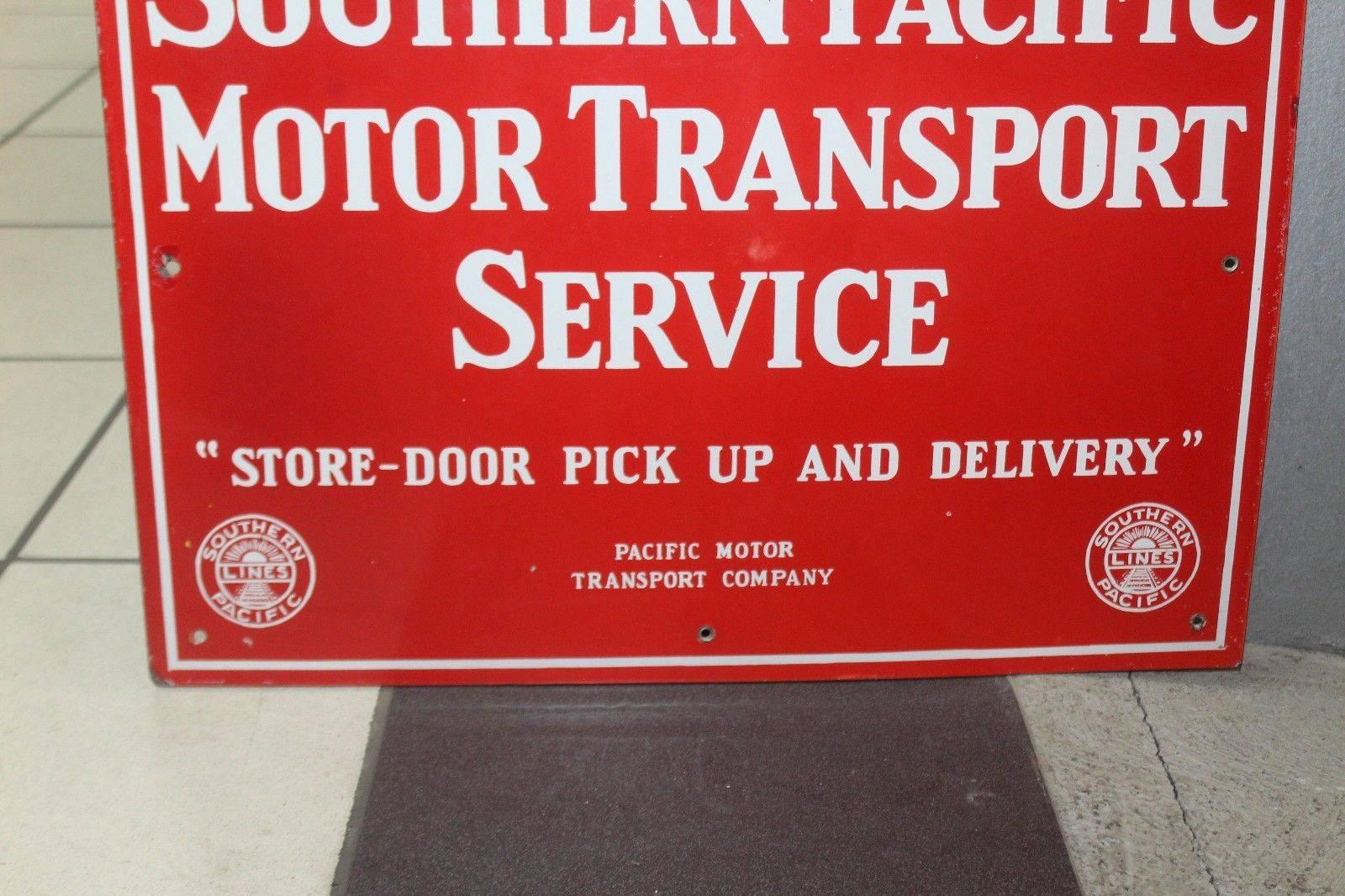 Vintage 1940s Southern Pacific Lines Motor Transport Service Porcelain Sign For Sale 3