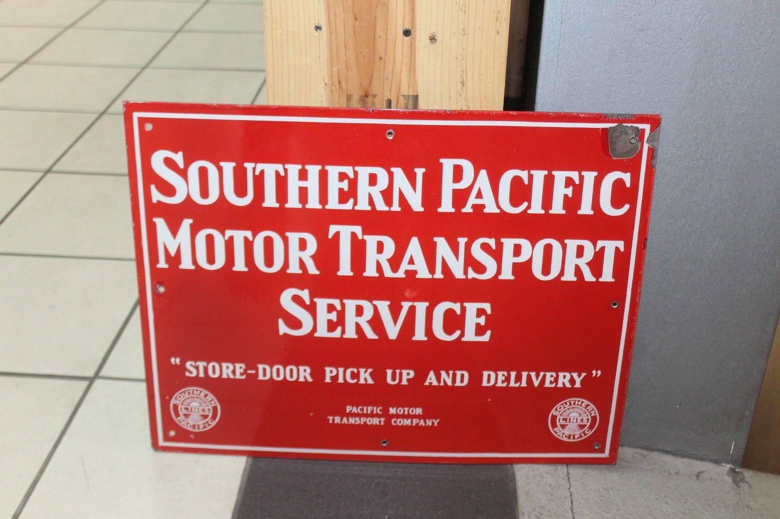 Vintage 1940s Southern Pacific Lines Motor Transport Service Porcelain Sign For Sale 4