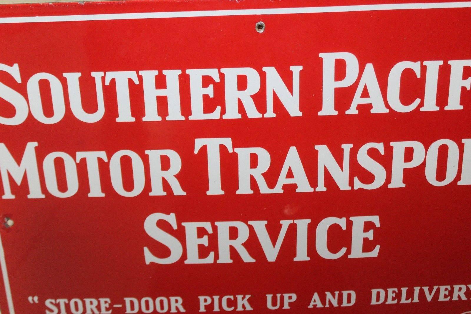 American Vintage 1940s Southern Pacific Lines Motor Transport Service Porcelain Sign For Sale