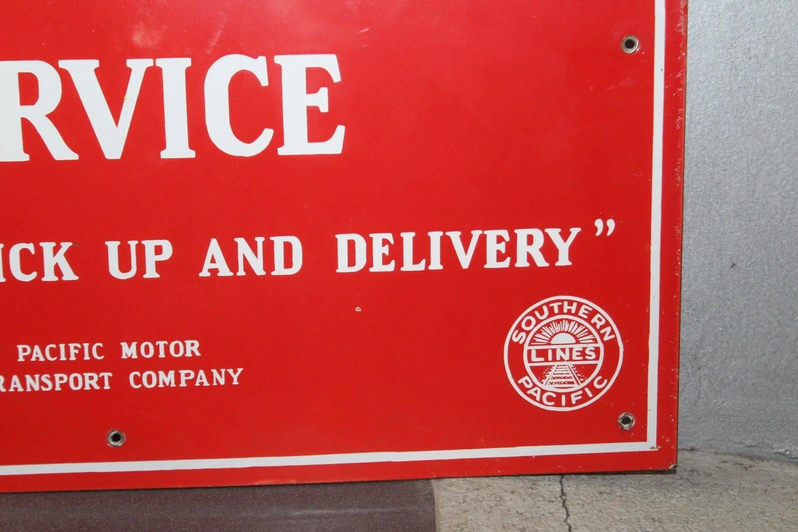 Vintage 1940s Southern Pacific Lines Motor Transport Service Porcelain Sign For Sale 2