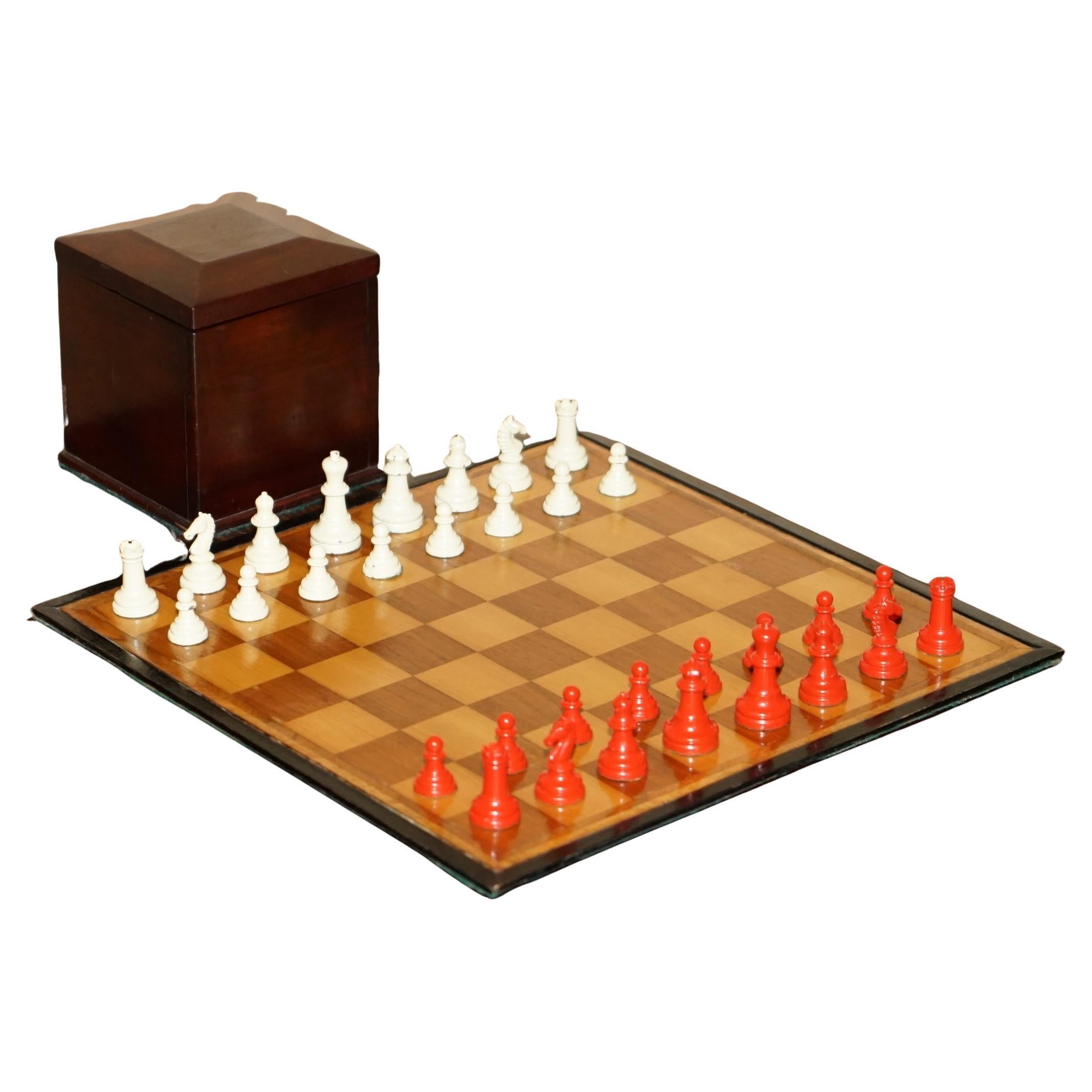 VINTAGE 1940's STAUNTON METAL CHESS SET GEORGIAN CIRCA 1800 BOX & CHESSBOARD