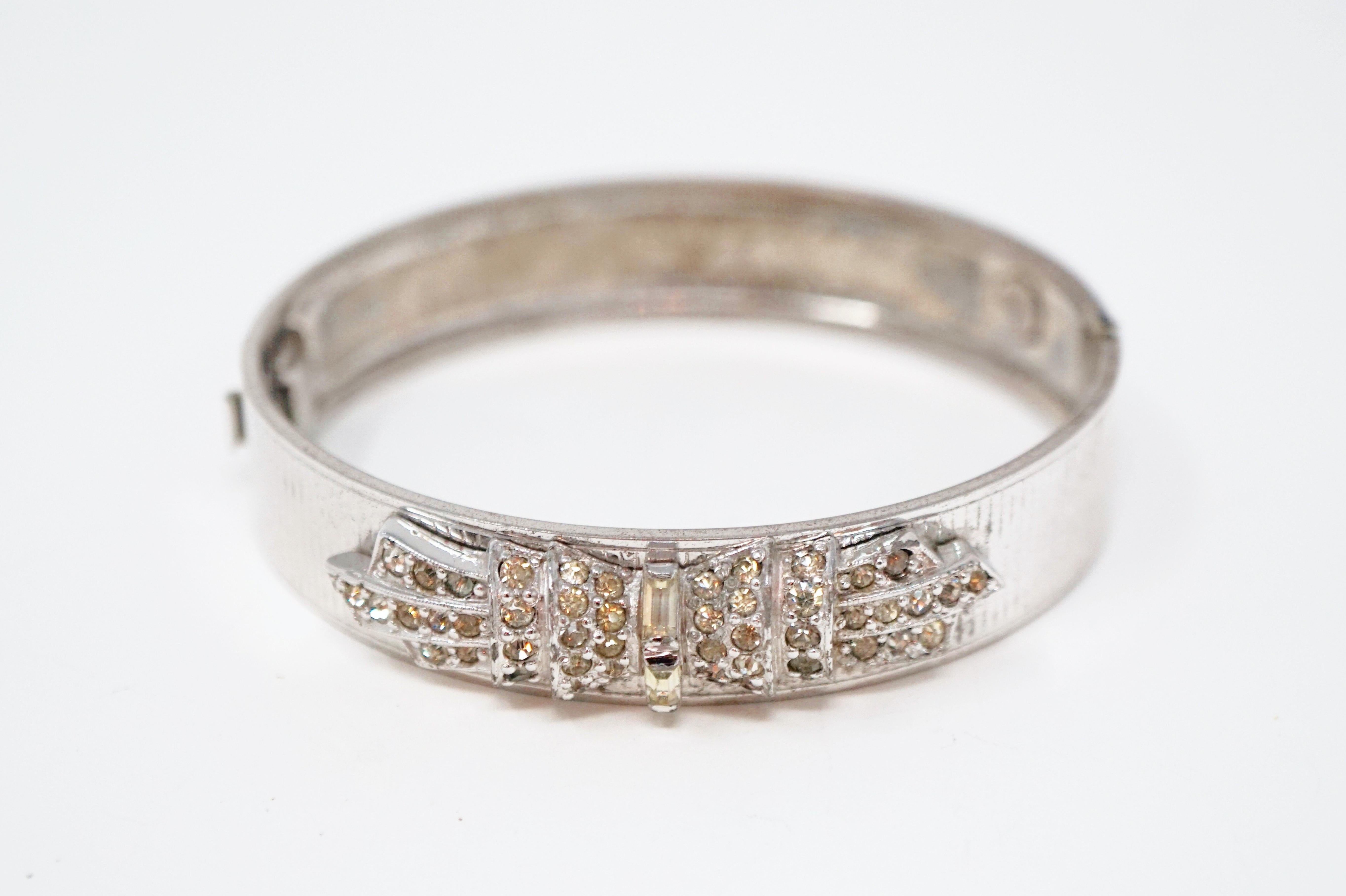 Vintage 1940s Sterling Silver Bangle Bracelet with Rhinestones by Harry Iskin In Good Condition In McKinney, TX