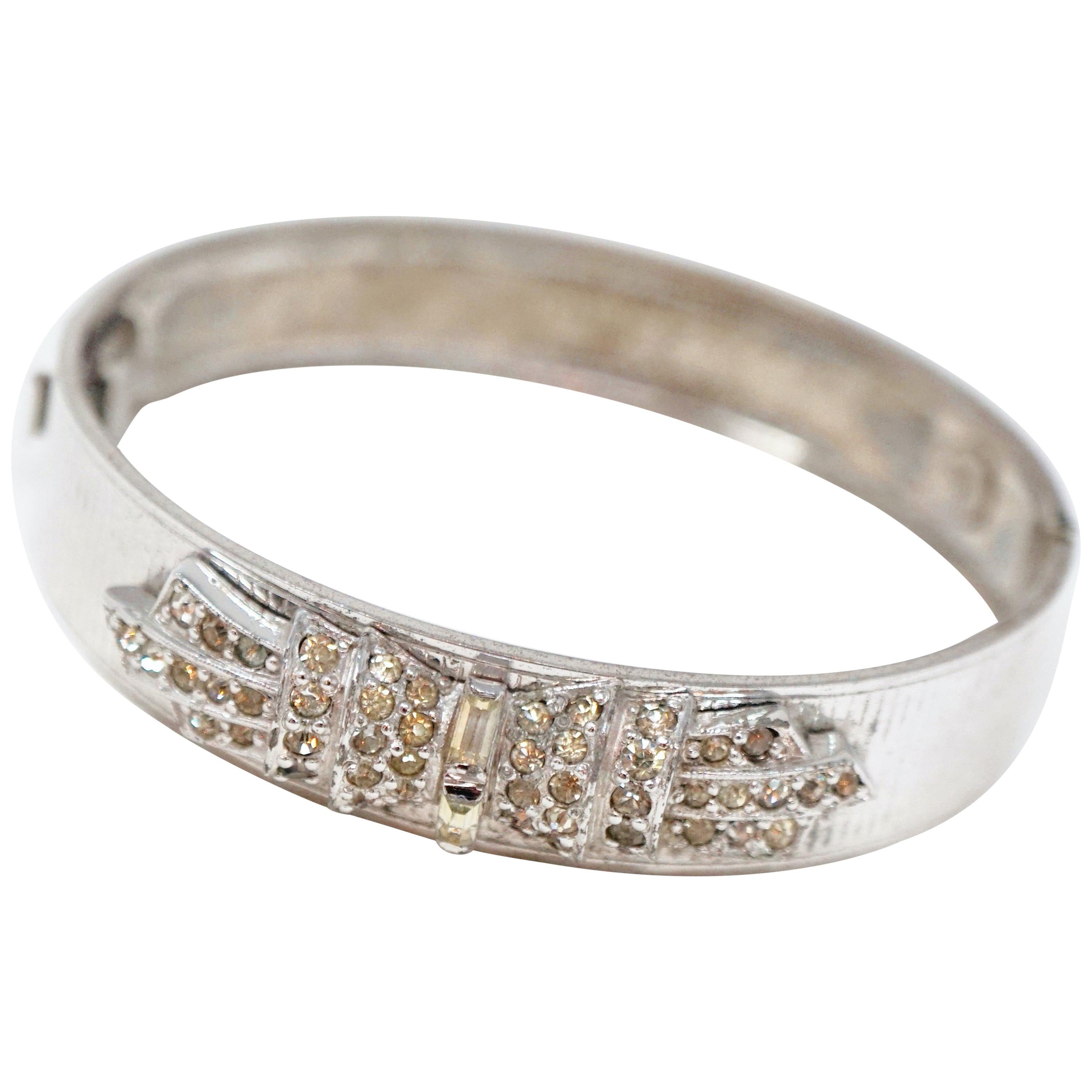 Vintage 1940s Sterling Silver Bangle Bracelet with Rhinestones by Harry