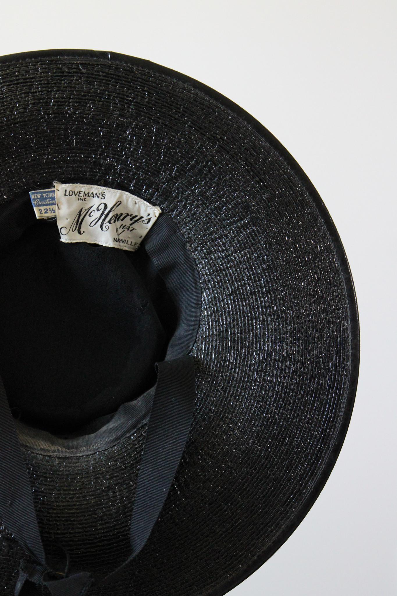 Cappello di paglia percher vintage 1940 cappello a tesa larga nero e grigio vintage 1940 in vendita 4