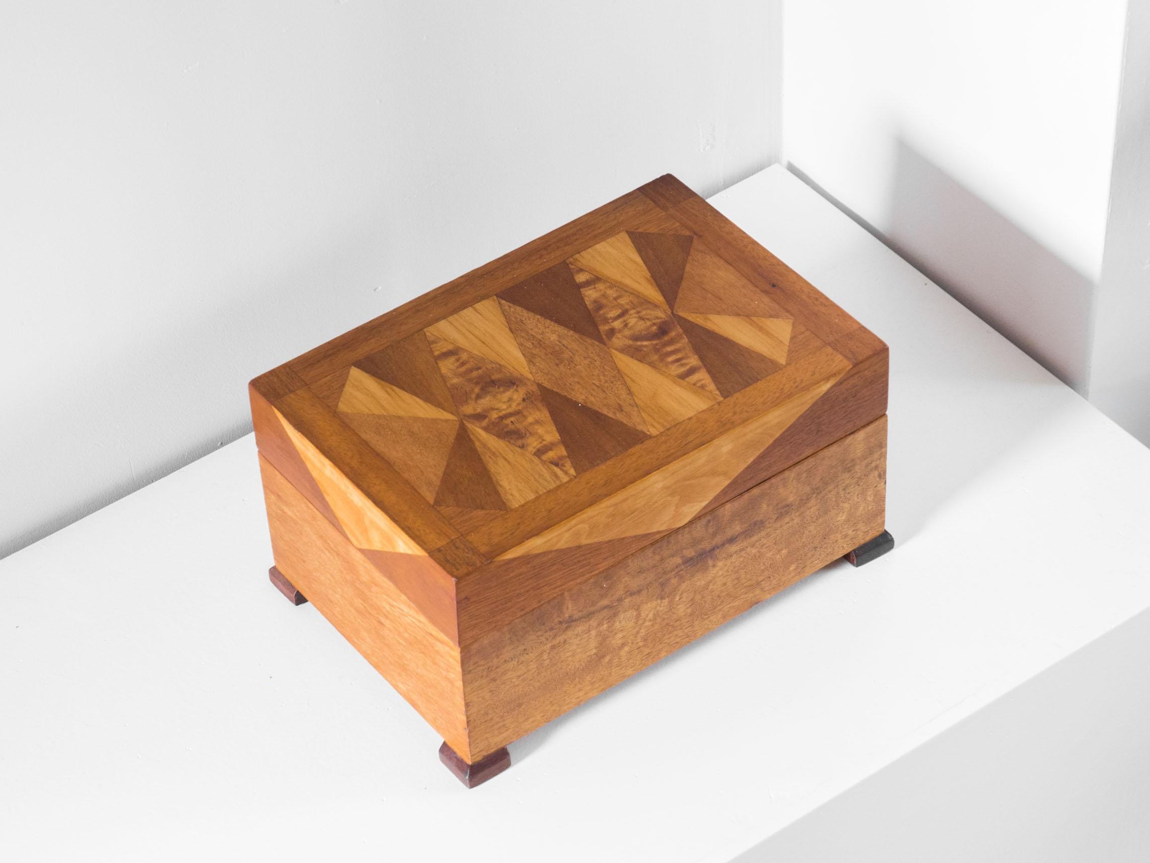 Scandinavian Modern  Vintage 1940's Swedish wood marquetry jewellery box with pin cushion For Sale