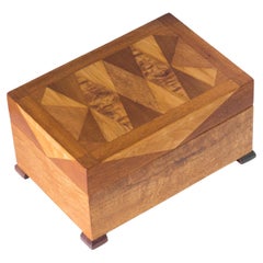  Vintage 1940's Swedish wood marquetry jewellery box with pin cushion