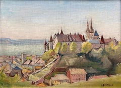 Vintage 1940s Swiss Oil Painting of Neuchatel Castle by L. Baumann