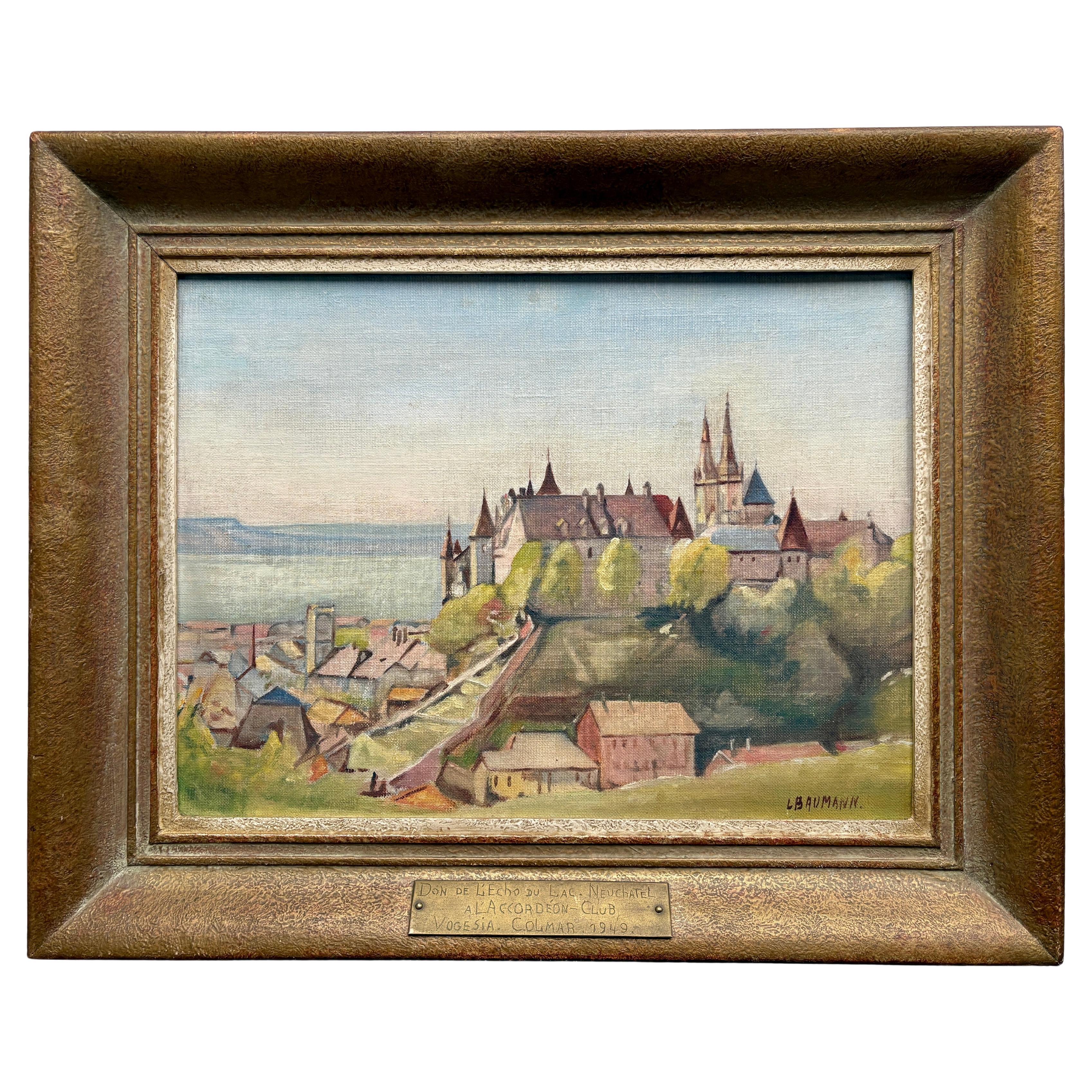 Mid-Century Oil Painting of Château de Neuchâtel, Signed, 1940s