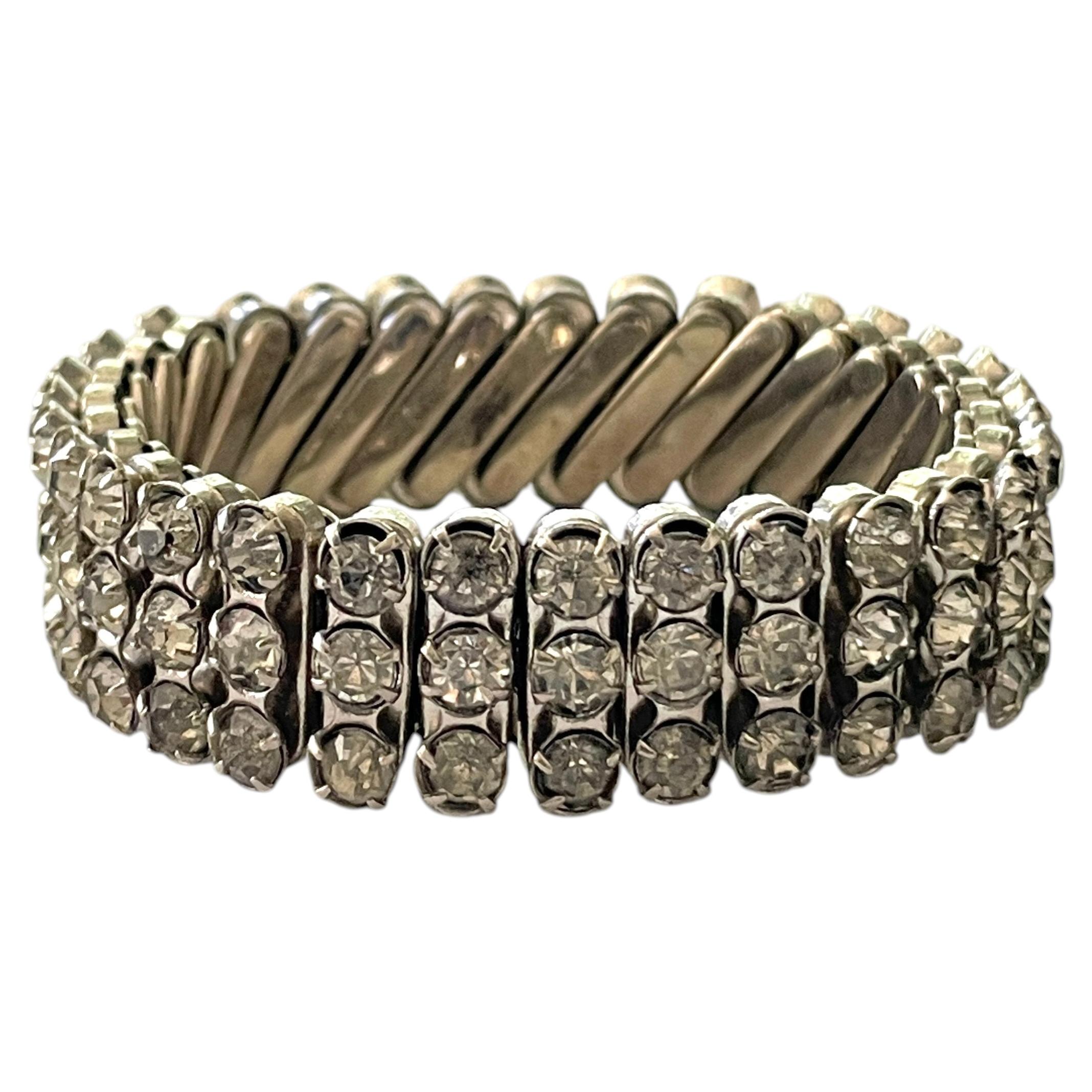 Vintage 1940s Three-Row Rhinestone Stretch Bracelet, Victorian-Inspired