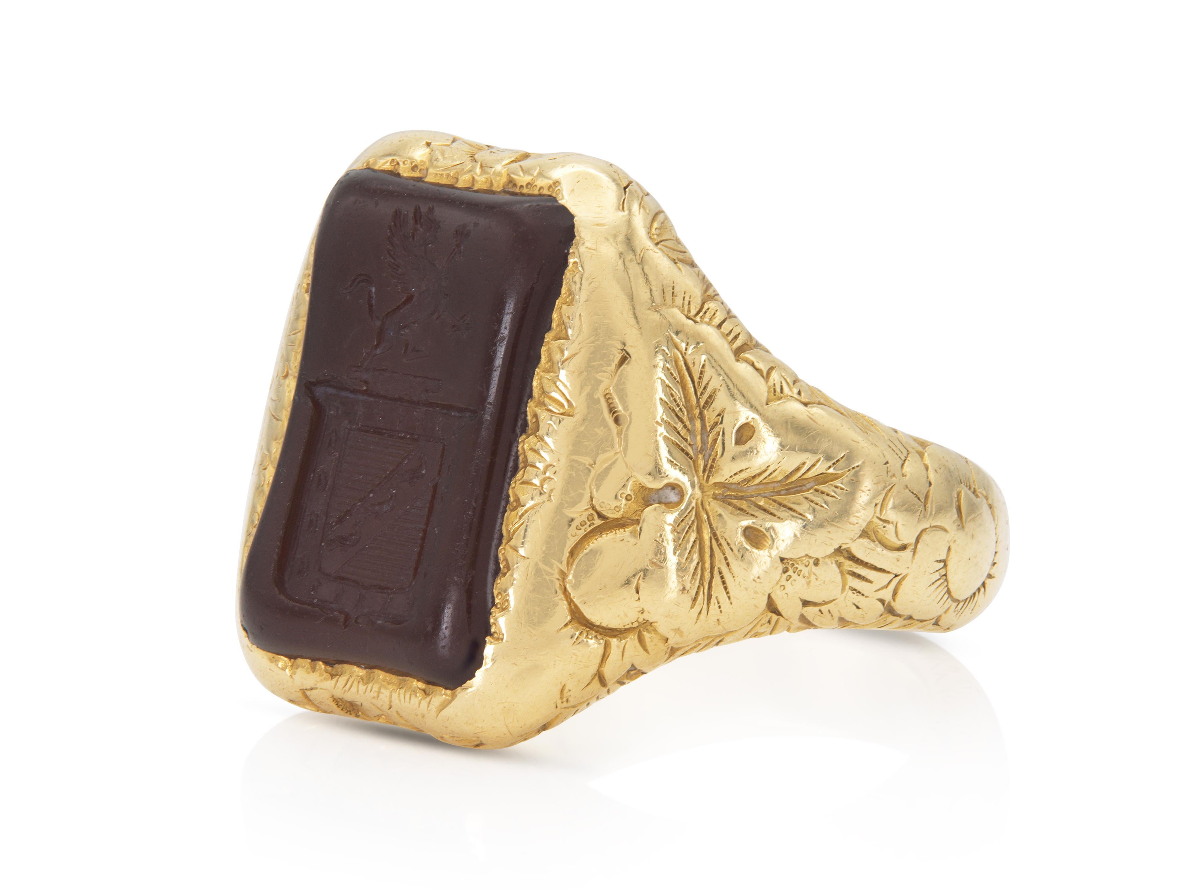 Finely crafted in 18k yellow gold with a Carnelian intaglio.
Signed by Tiffany & Co.
Circa 1942
Size 5 3/4, resizable