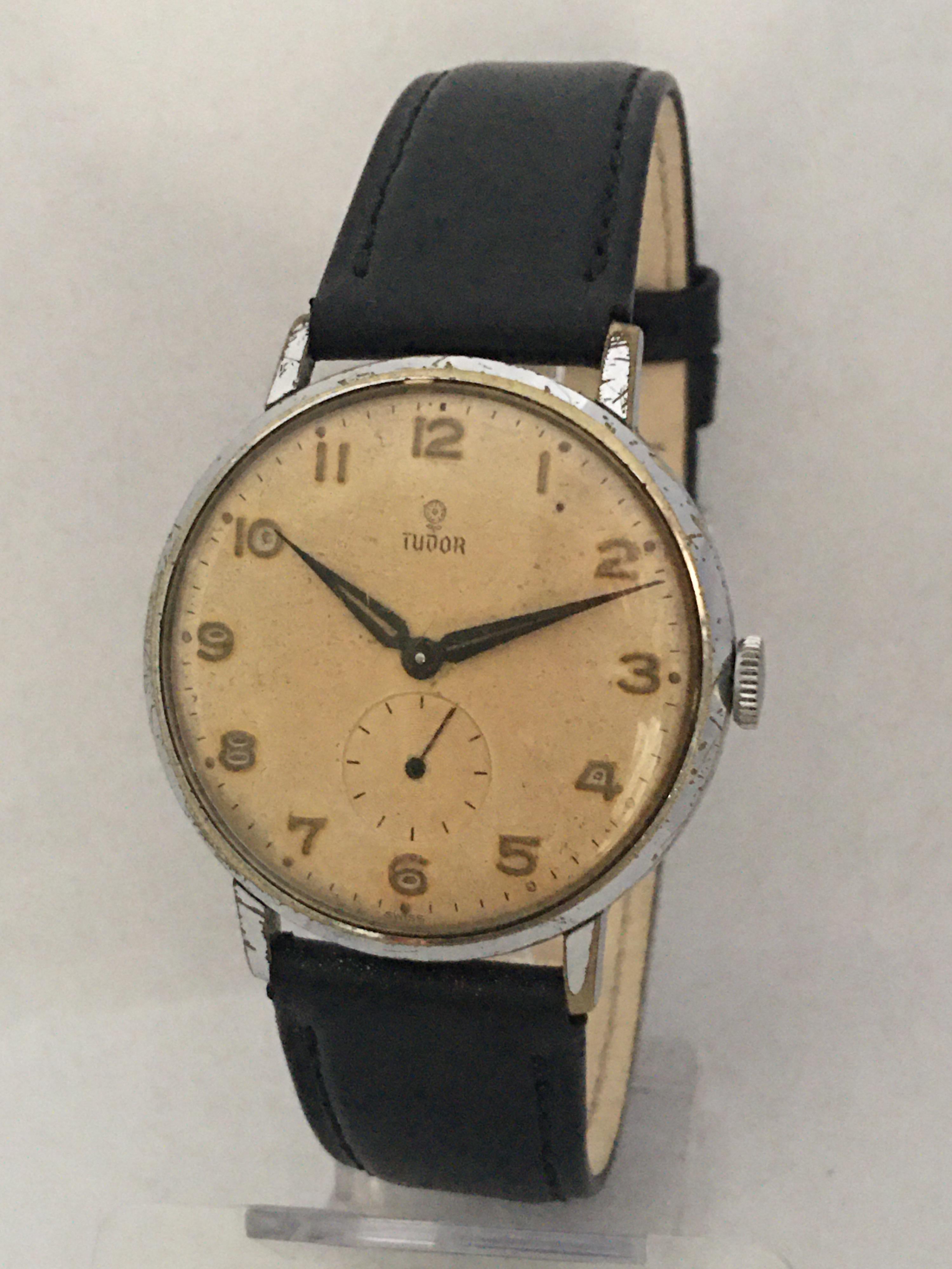This beautiful pre-owned 35mm diameter (excluding crown) vintage hand winding silver plated watch is in good working condition. It is recently been serviced and it runs well. Visible signs of ageing and wear with light marks on the on the glass