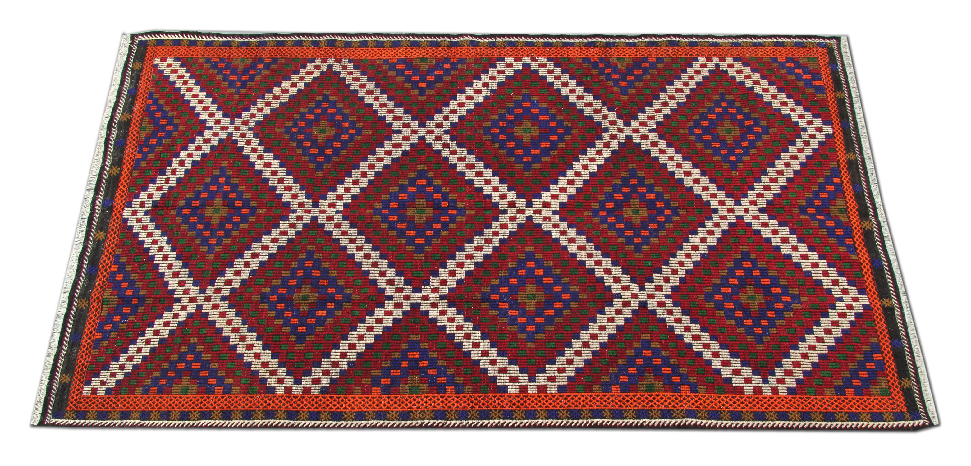 Art Nouveau Vintage 1940s Turkman Wool Kilim Rug, Large Tribal Geometric Flatweave For Sale