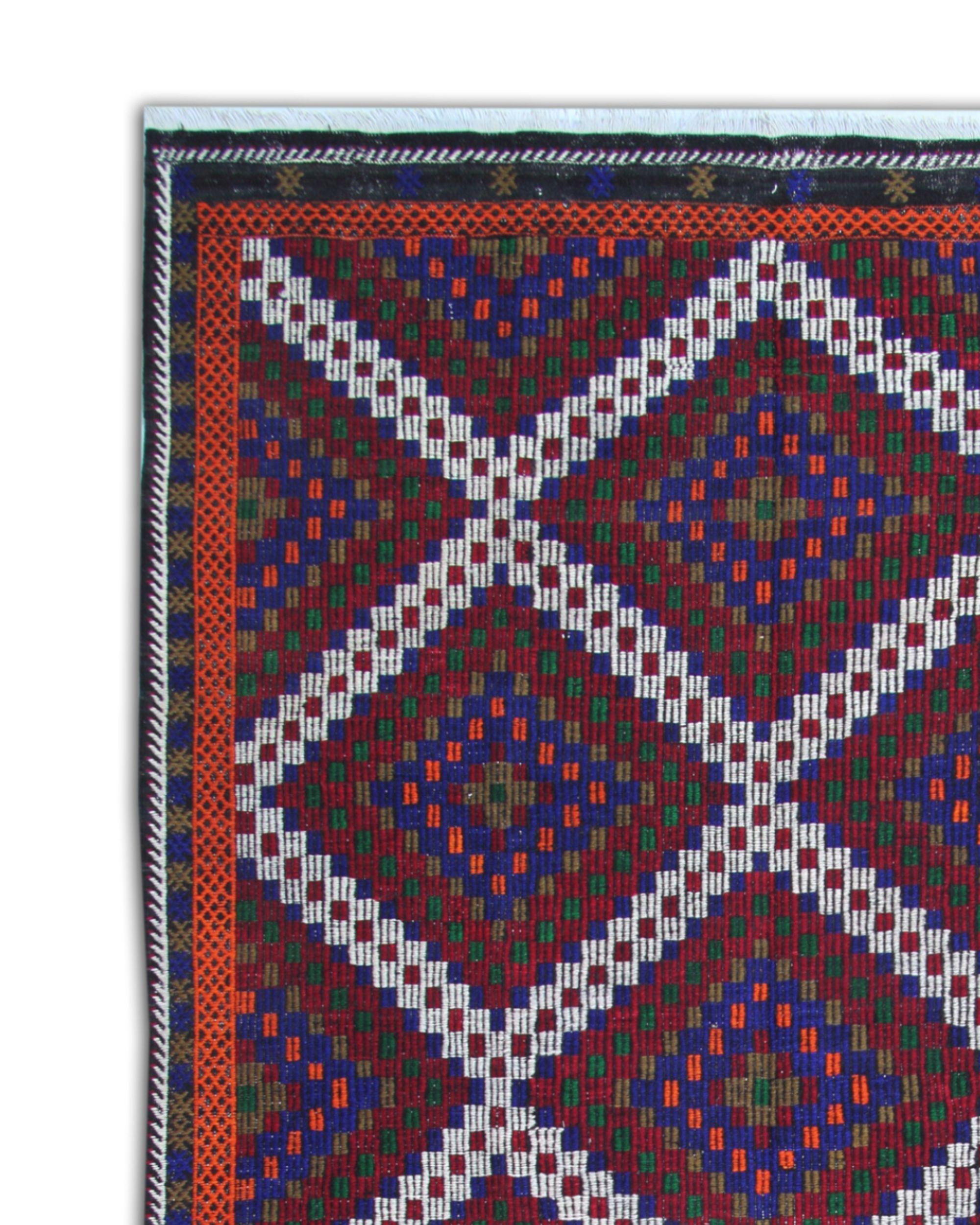 Vintage 1940s Turkman Wool Kilim Rug, Large Tribal Geometric Flatweave For Sale 1