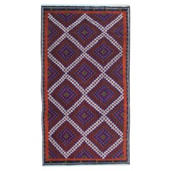 Vintage 1940s Turkman Wool Kilim Rug, Large Tribal Geometric Flatweave