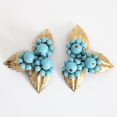 Vintage 1940's Turquoise Beaded Gold Leaf Dress Clips 1940s dress clips