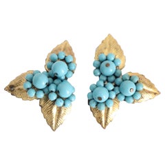 Vintage 1940's Turquoise Beaded Gold Leaf Dress Clips 1940s dress clips