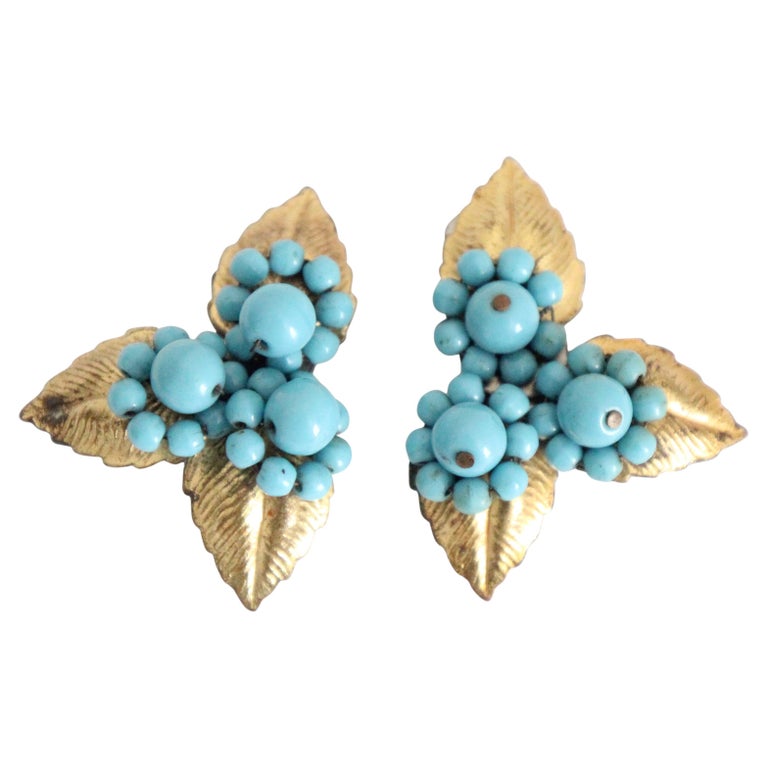 1stdibs Brooch - Vintage 1940 Beaded Leaf Dress Clips 1940S Dress Clips Art Deco Turquoise Gold
