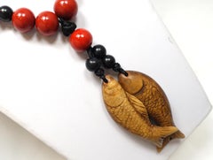 Vintage 1940s Twin-Fish Wooden Bead Necklace