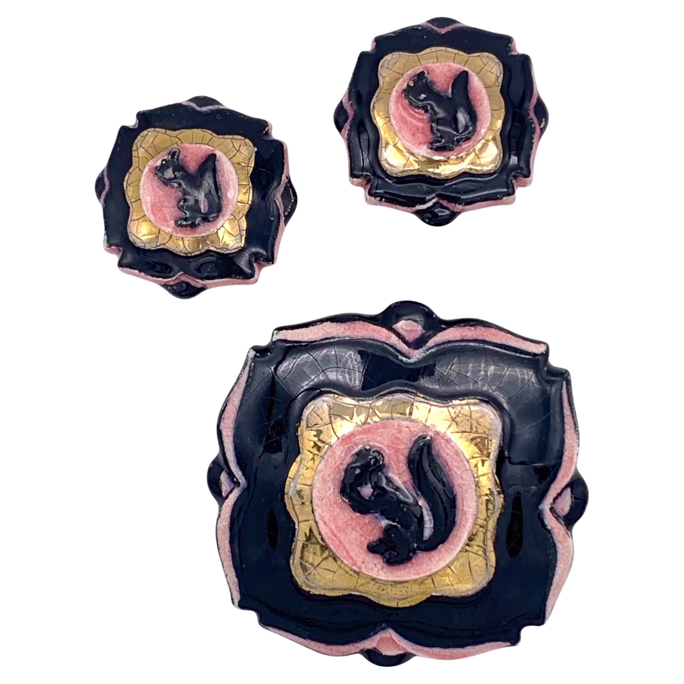 Vintage 1940's Vallauris Cearmic Demi Parure Squirrels Clip-on Earrings Brooch