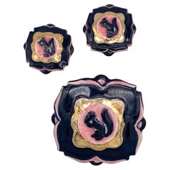 Vintage 1940's Vallauris Cearmic Demi Parure Squirrels Clip-on Earrings Brooch