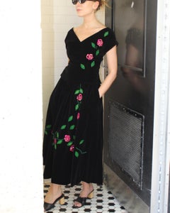Vintage 1940s Velvet Two-Piece Dress with Rose Appliqué