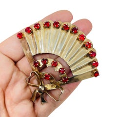 Vintage 1940's vermeil marked sterling red glass stones fan bow large brooch