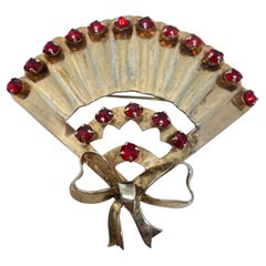 Vintage 1940's vermeil marked sterling red glass stones fan bow large brooch