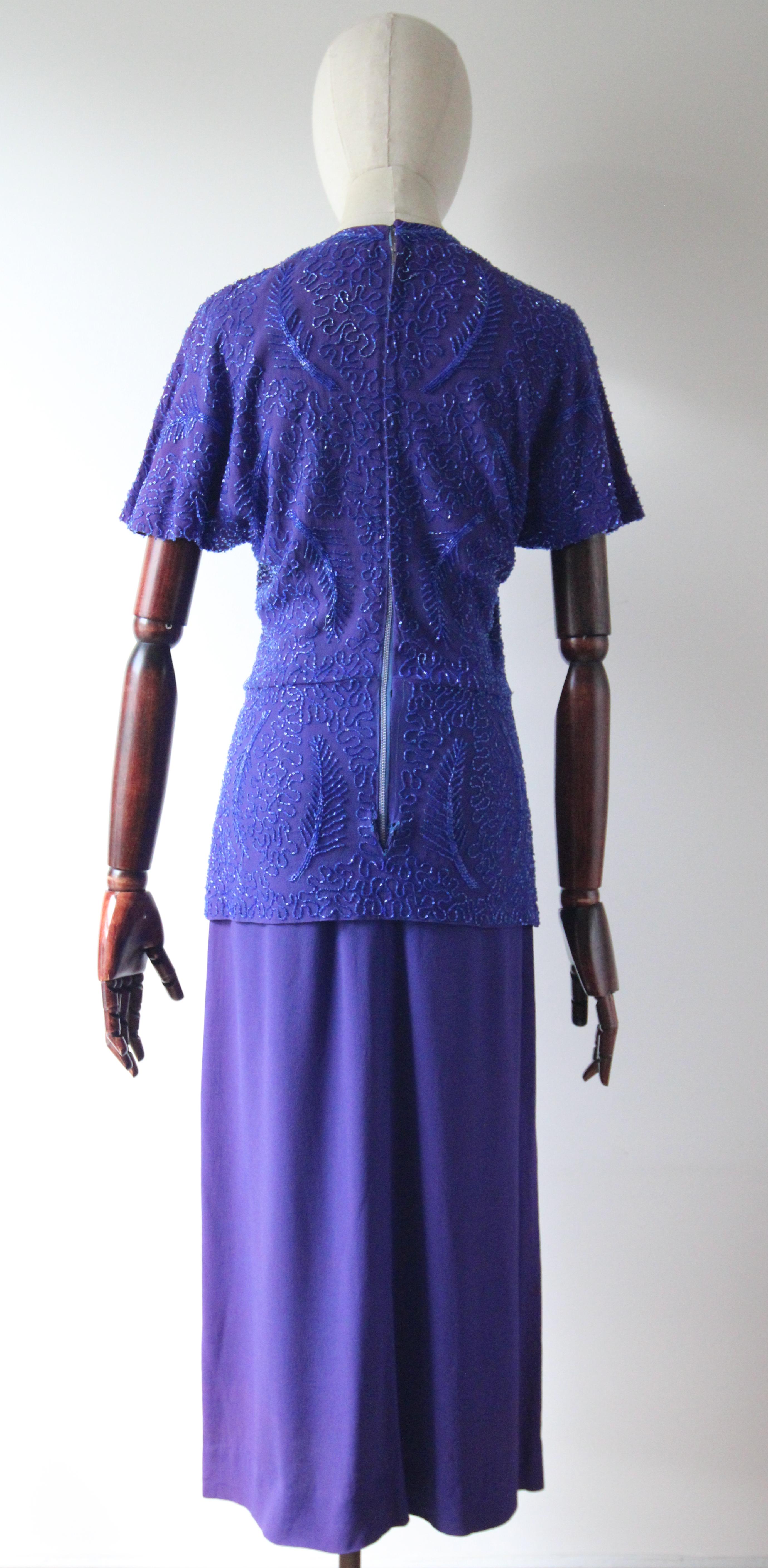 Vintage 1940's violet blue crepe silk beaded dress 1940s silk dress UK 8 US 4 For Sale 5