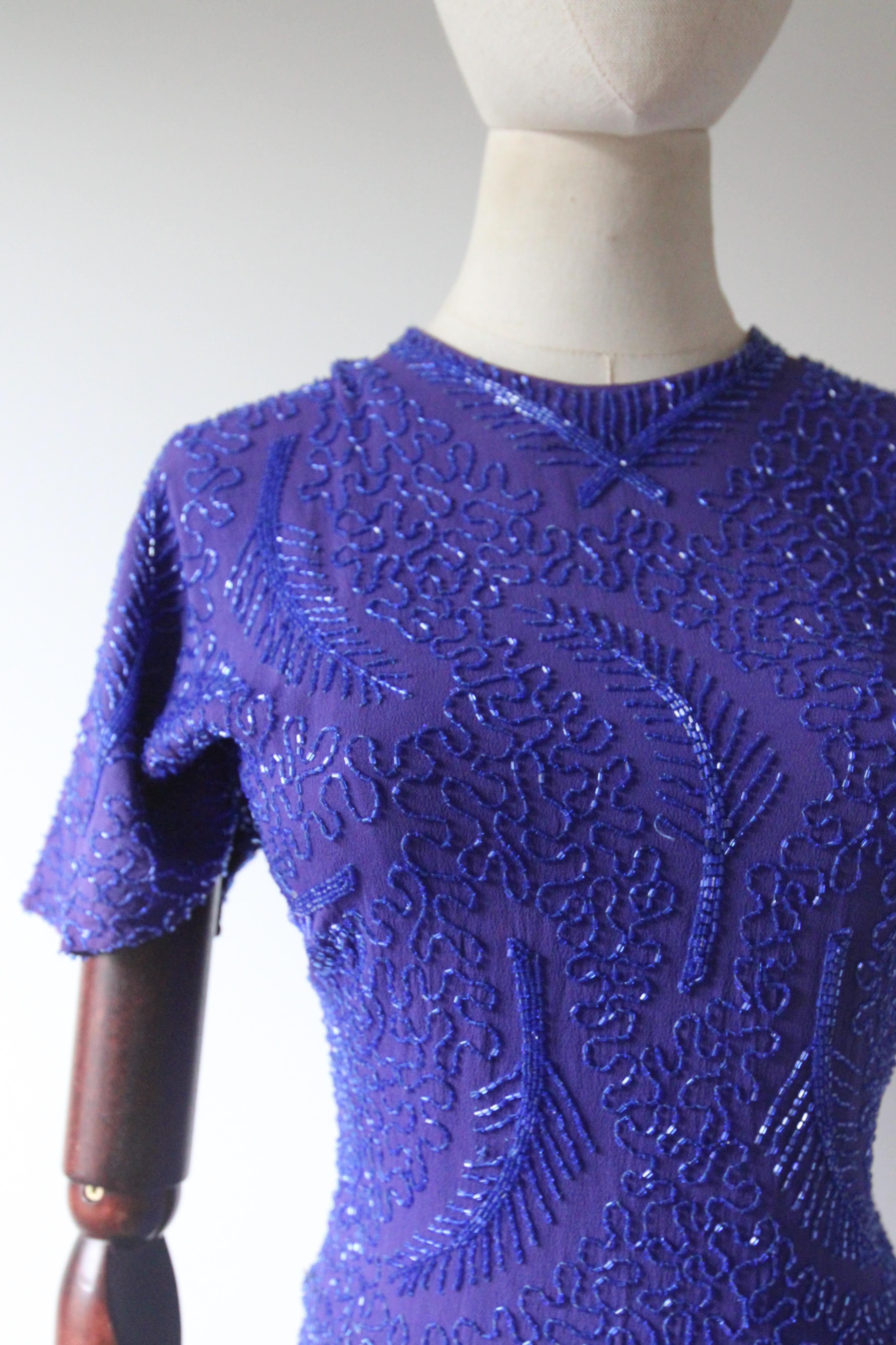 Blue Vintage 1940's violet blue crepe silk beaded dress 1940s silk dress UK 8 US 4 For Sale