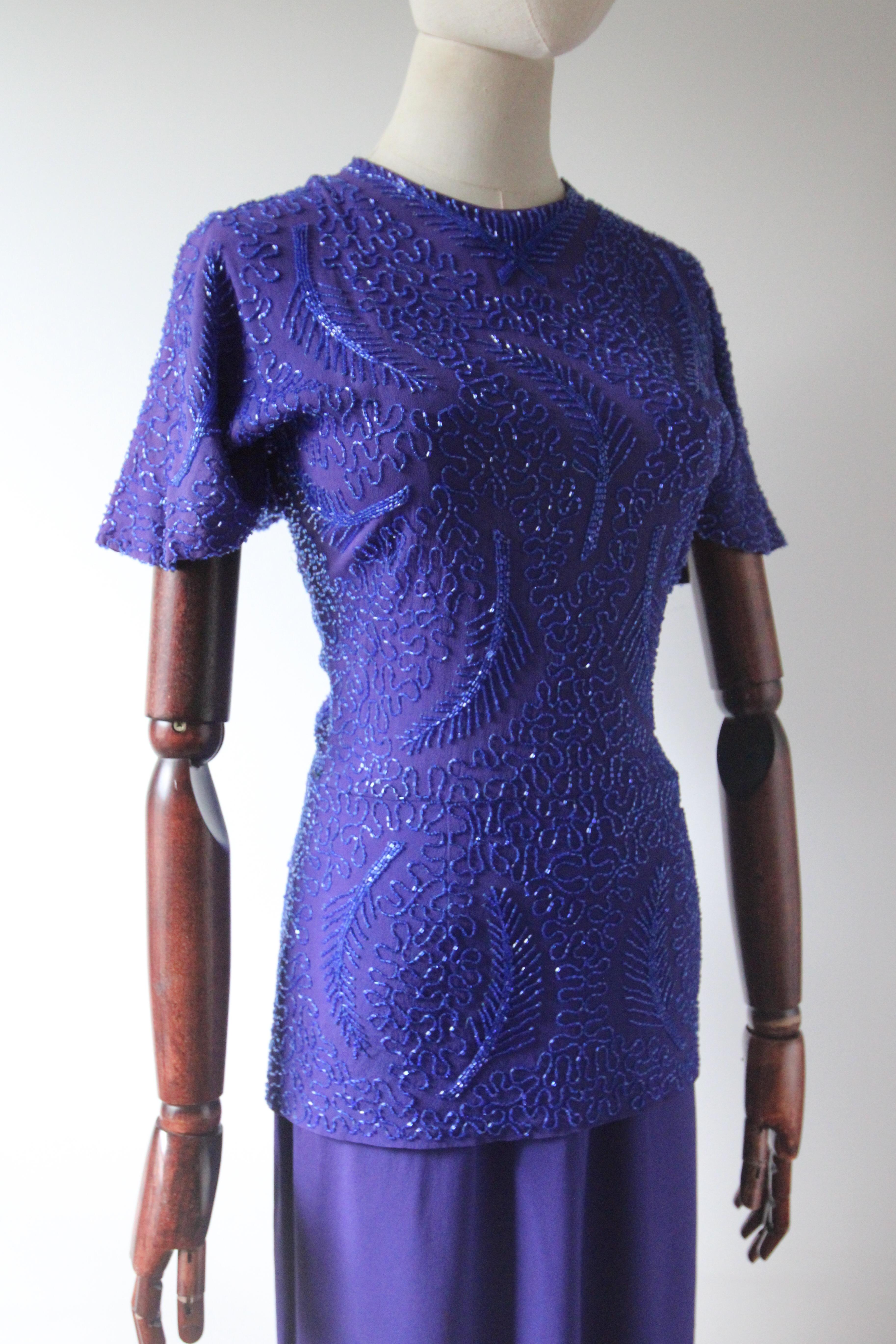 Women's Vintage 1940's violet blue crepe silk beaded dress 1940s silk dress UK 8 US 4 For Sale