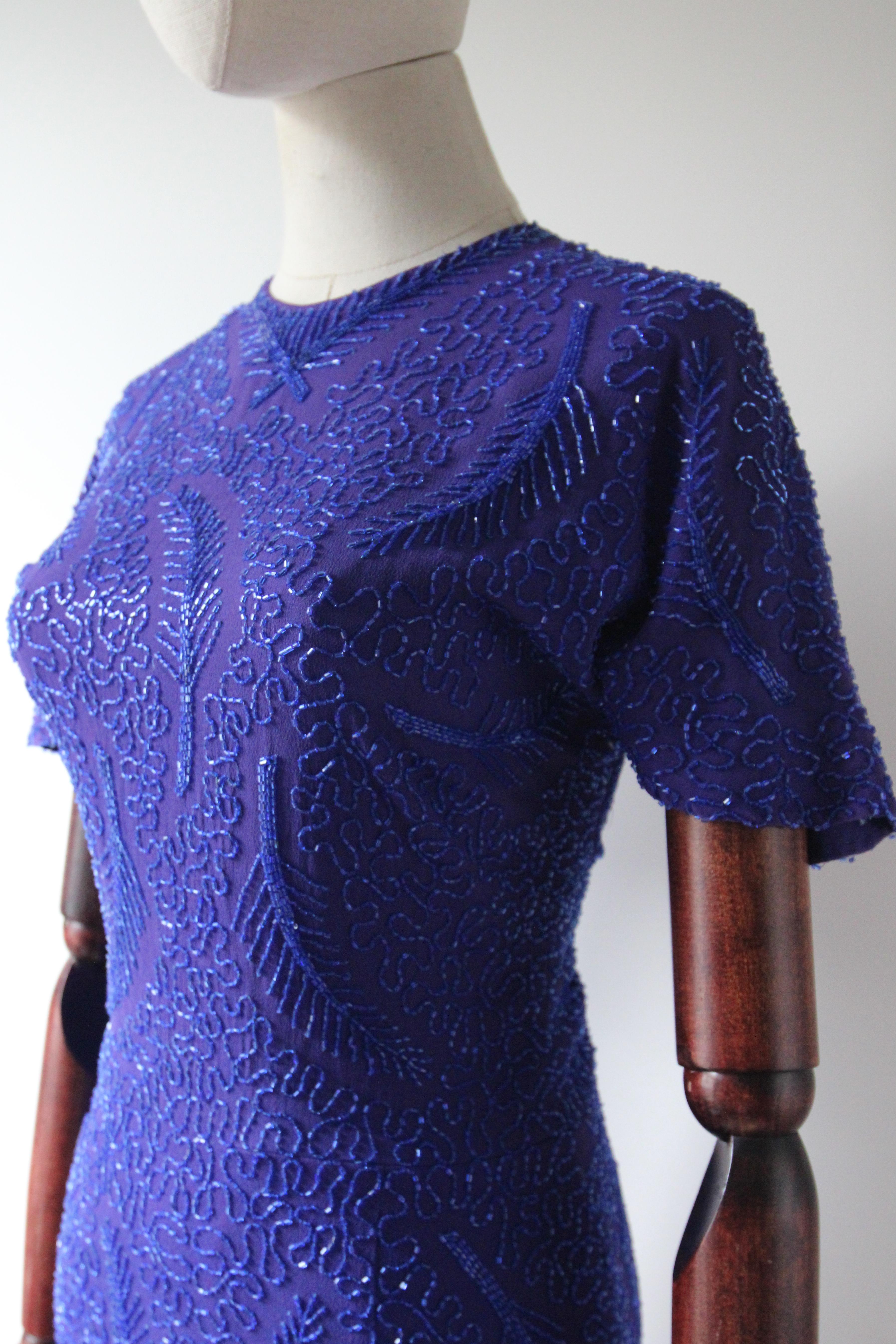 Vintage 1940's violet blue crepe silk beaded dress 1940s silk dress UK 8 US 4 For Sale 4